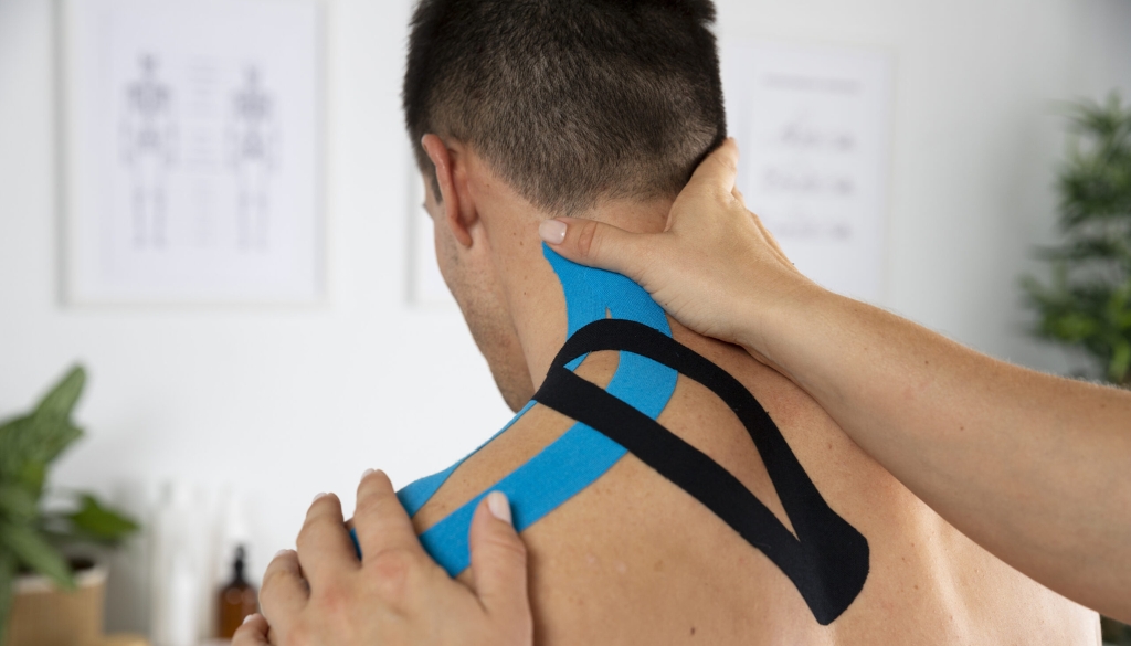 Physiotherapist applying kinesiology tape to a patient's shoulder joint