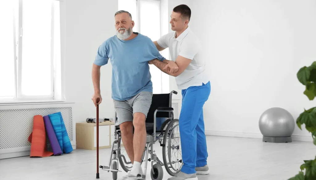 Physiotherapist assisting a stroke patient with gait training and neuro rehabilitation exercises